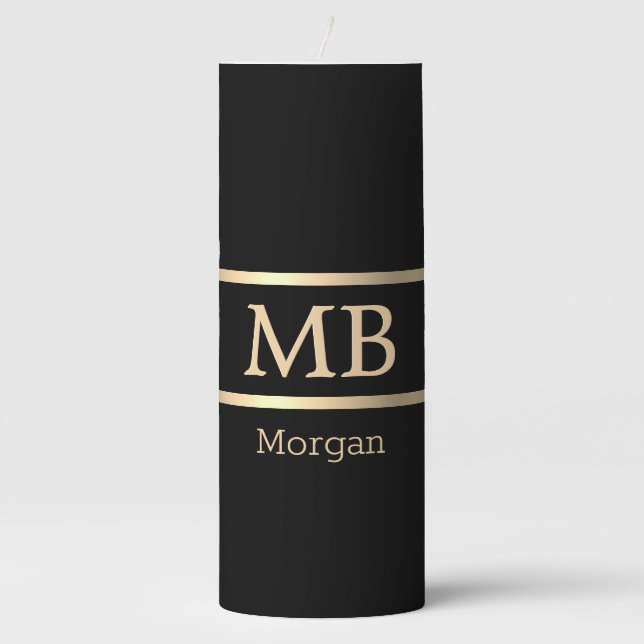 3-D Gold Monogram & Gold Name on Black Pillar Cand Pillar Candle (Front)