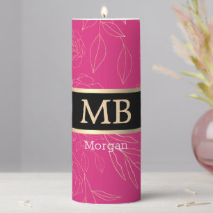 3-D Gold Monogram & Name, Flowers Leaves Pillar Candle