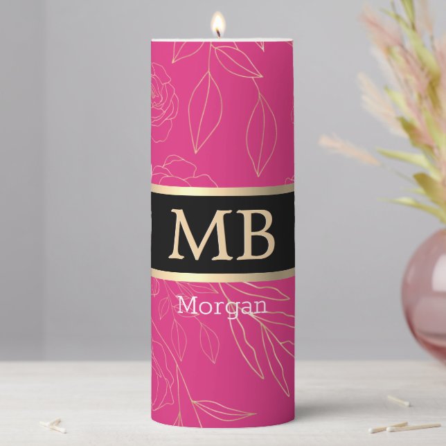 3-D Gold Monogram & Name, Flowers Leaves Pillar Candle (In Situ)