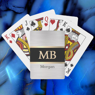 3-D Gold Monogram/Name, Gold Stripes, Black/Silver Poker Cards