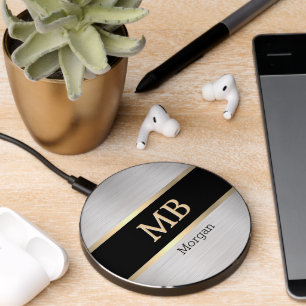 3-D Gold Monogram/Name, Gold Stripes, Black/Silver Wireless Charger