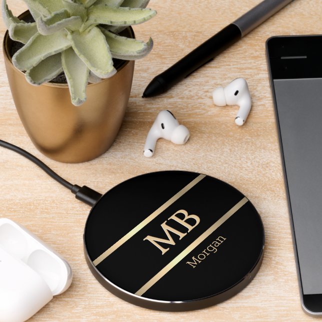 3-D Gold Monogram/Name, Gold Stripes, Black Wireless Charger (Desk 2)