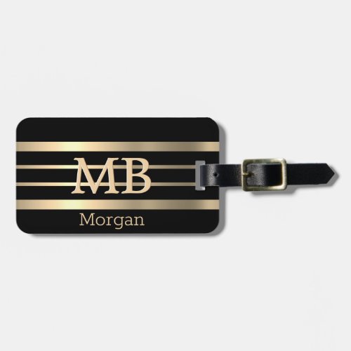 3_D Gold Monogram  Name Gold Stripes on Black Luggage Tag