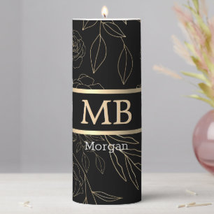3-D Gold Monogram White Name Flowers Leaves, Black Pillar Candle