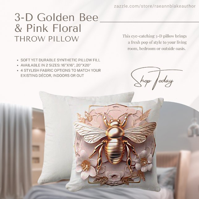 3-D Golden Bee and Pink Floral Throw Pillow (Creator Uploaded)