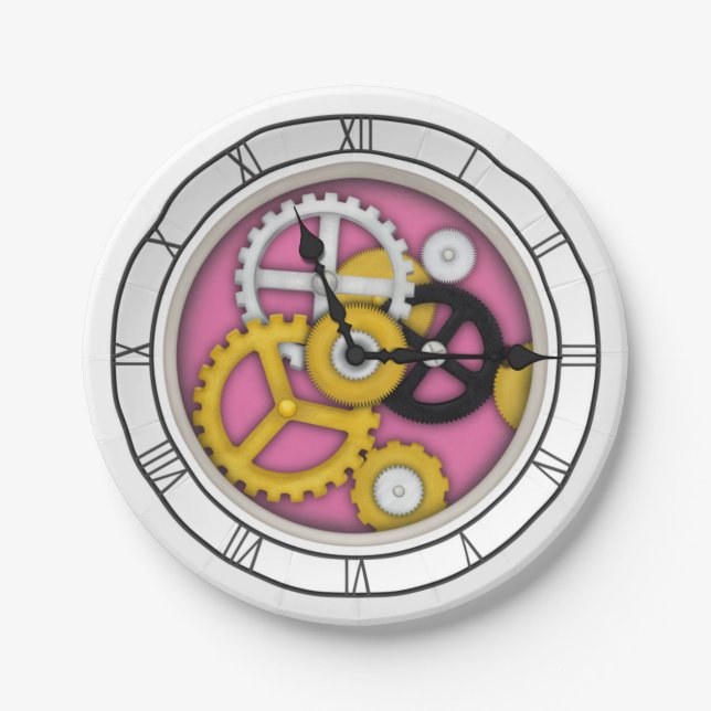 3-D Illusion Clock Art with Visible Workings Pink Paper Plates (Front)