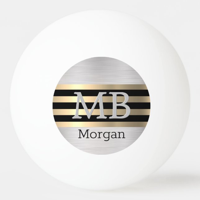 3-D Monogram/Name Bk/Gold Stripes Brushed Silver Ping Pong Ball (Front)
