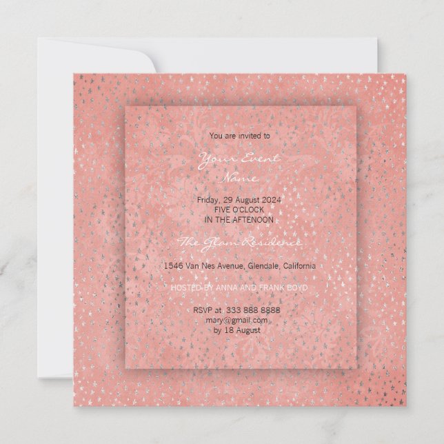 3-D Peach Coral Silver Stars Damask Bridal Shower Invitation (Front)