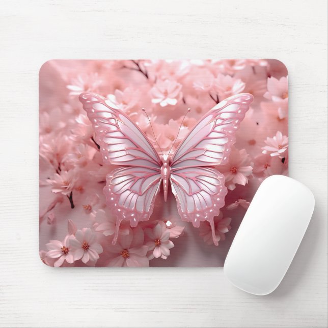 3-D Pink Butterfly On Flowers Mouse Pad (With Mouse)