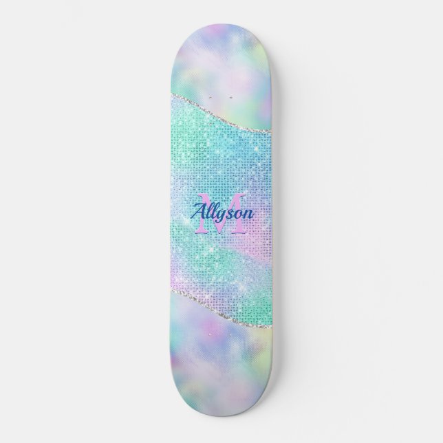 3-D Pink Monogram, Name, Iridescent Sparkle Skateboard (Front)