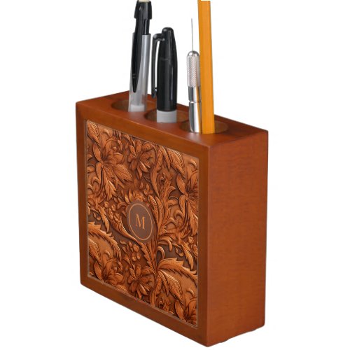 3_D Tooled Brown Floral Leather Pattern Monogram Desk Organizer