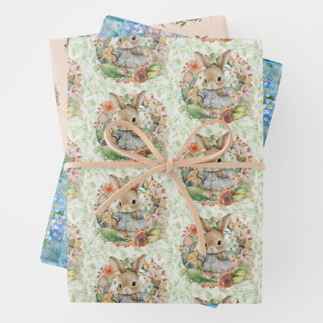 3 Different Easter Bunny Spring Time Gift Wrapping Paper Sheets (In situ)