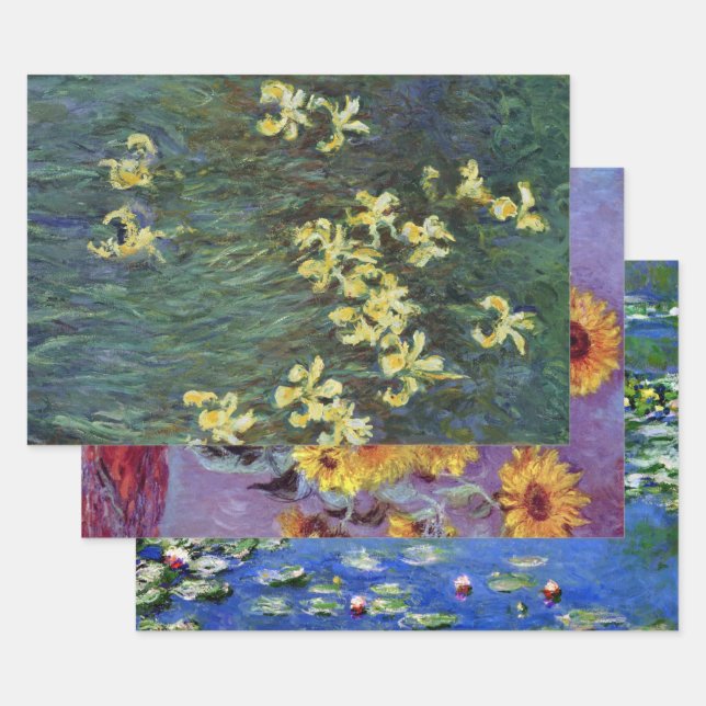 3 Different Flower Paintings by Claude Monet Wrapping Paper Sheets (Set)