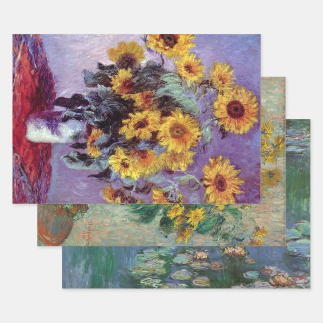 3 Different Flowers Paintings by Claude Monet Wrapping Paper Sheets (Set)