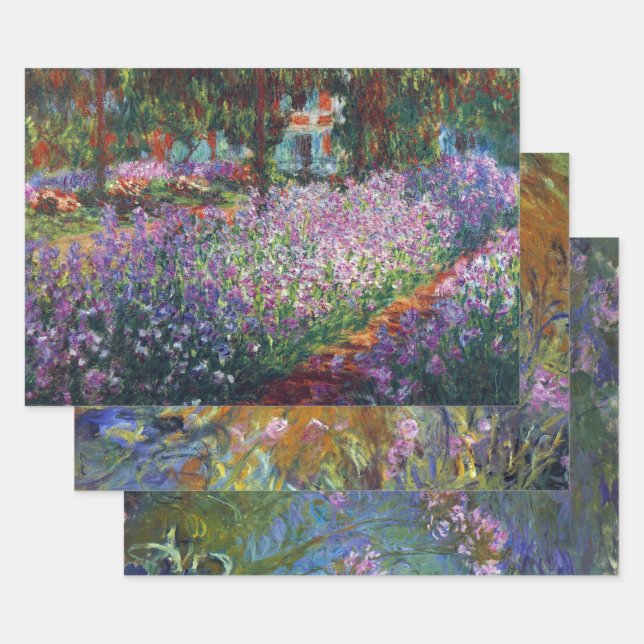 3 different Garden Scenes, Giverny by Claude Monet Wrapping Paper Sheets (Set)