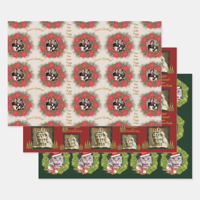 3 Different Personalized Christmas Photo Designs Wrapping Paper Sheets (Set)