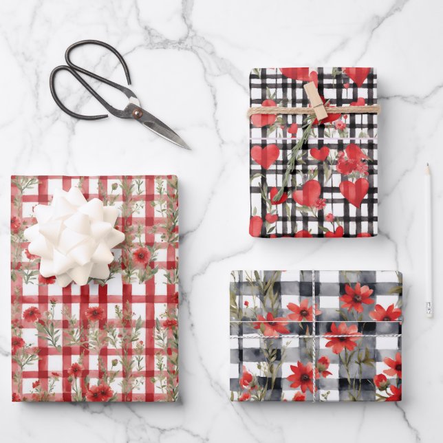 3 Different Pretty Red Floral Hearts Pattern   Wrapping Paper Sheets (Front)