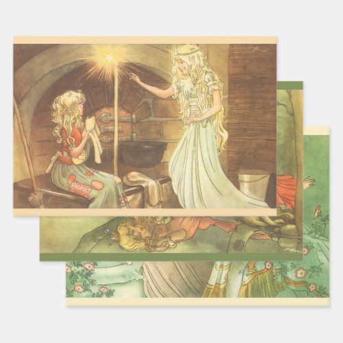 3 different Vintage Princess Fairy Tales Wrapping Paper Sheets