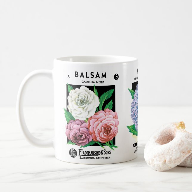 3 Different Vintage Seed Packet Label Art Flowers Coffee Mug (With Donut)