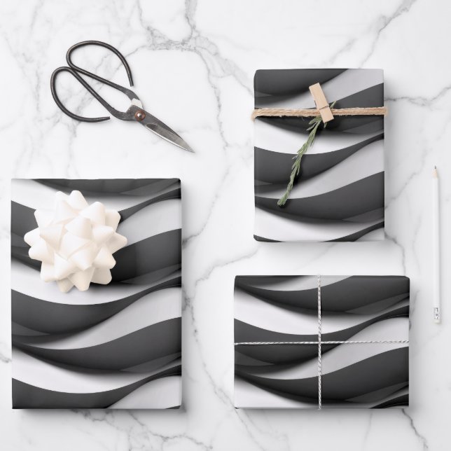 3 Dimensional Wavy Black and White Pattern Wrapping Paper Sheets (Front)