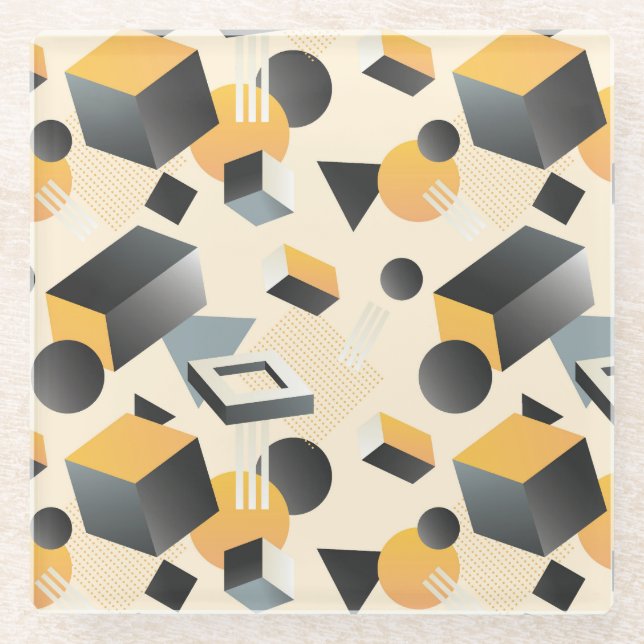 3-Dimential Shapes, Boxes, Cubes, & Triangles Glass Coaster (Front)