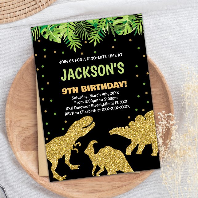 3 Dino Black Glitter Dinosaur Birthday Invitations (3 Dino Black Glitter Dinosaur Birthday Invitations)