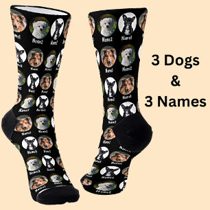 3 Dogs, 3 Names, Dog Photo - Personalized Black Socks