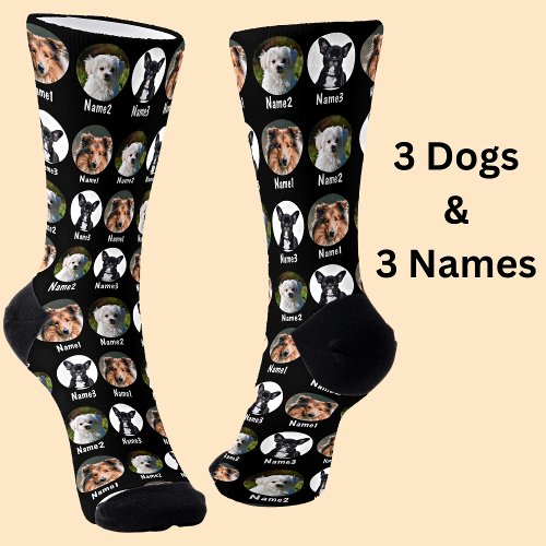 3 Dogs 3 Names Dog Photo _ Personalized Black Socks