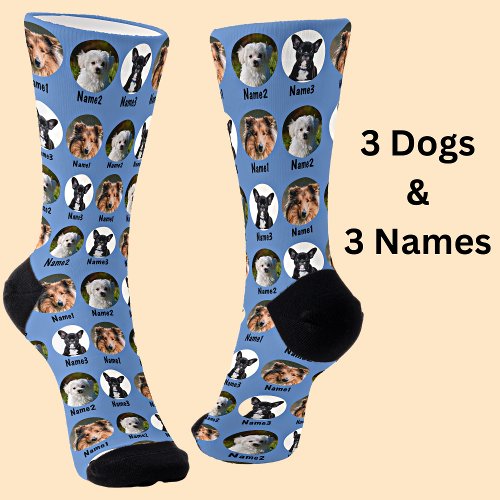 3 Dogs 3 Names Dog Photo _ Personalized Blue Socks
