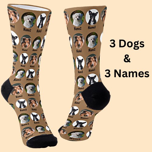 3 Dogs 3 Names Dog Photo _ Personalized Brown Socks