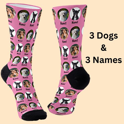 3 Dogs 3 Names Dog Photo _ Personalized Pink Socks