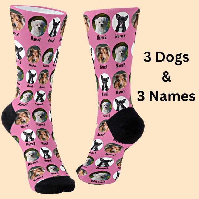 3 Dogs, 3 Names, Dog Photo - Personalized Pink Socks (Creator Uploaded)