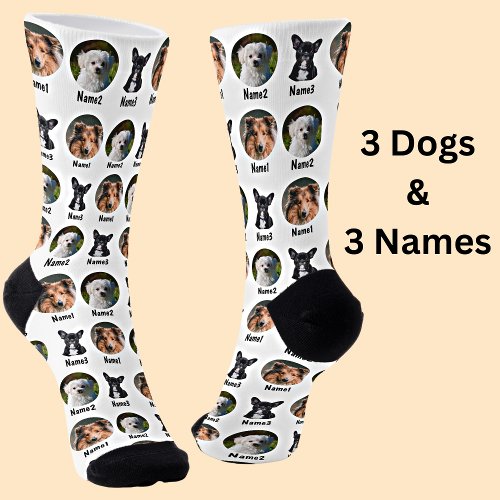 3 Dogs 3 Names Dog Photo _ Personalized White Socks