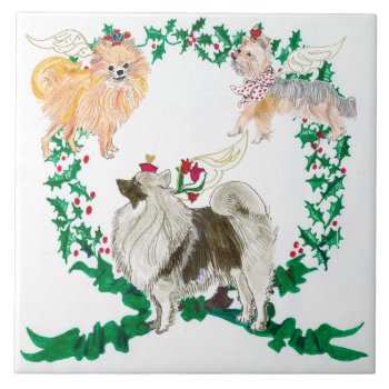 3 Dogs Barking For Joy Holiday Tile Trivet by edentities at Zazzle