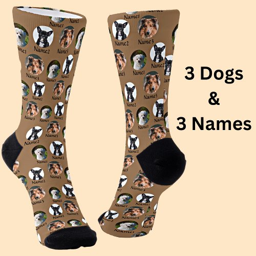 3 Dogs  Names Personalized Pet Photos on Brown  Socks