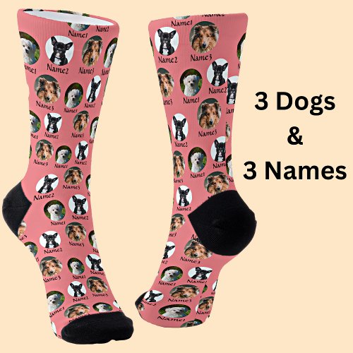 3 Dogs  Names Personalized Pet Photos on Pink Socks