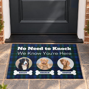 3 Dogs Photos No Need To Knock Blue Tartan Plaid Doormat
