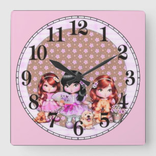 3 Dolls and Dogs Square Wall Clock