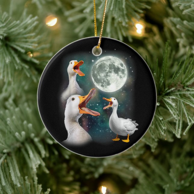 3 Ducks Howl At Moon Funny Weird Cursed Pekin Duck Ceramic Ornament (Tree)