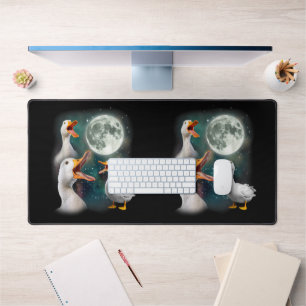 3 Ducks Howl At Moon Funny Weird Cursed Pekin Duck Desk Mat