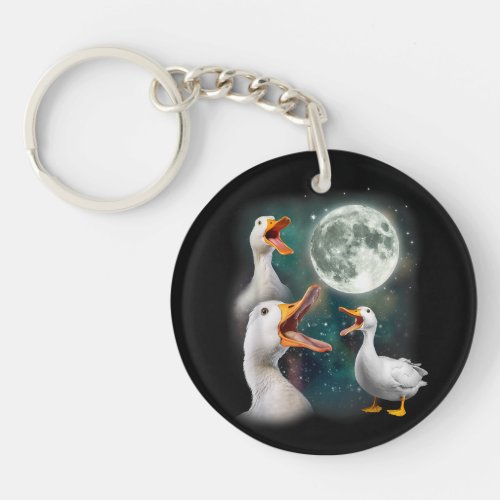 3 Ducks Howl At Moon Funny Weird Cursed Pekin Duck Keychain