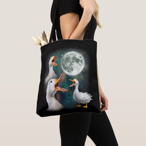 3 Ducks Howl At Moon Funny Weird Cursed Pekin Duck Tote Bag