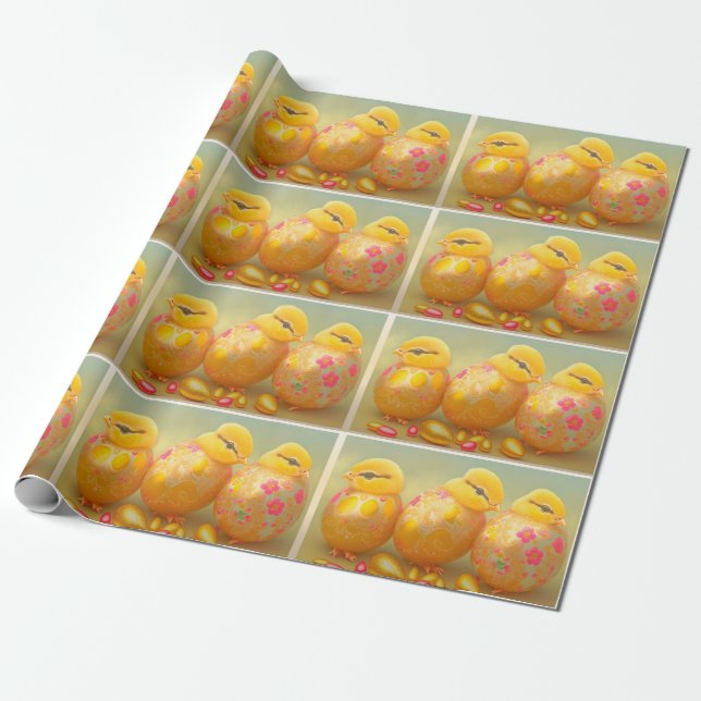 3 Easter Chicken In Eggs Collection Wrapping Paper (Unrolled)