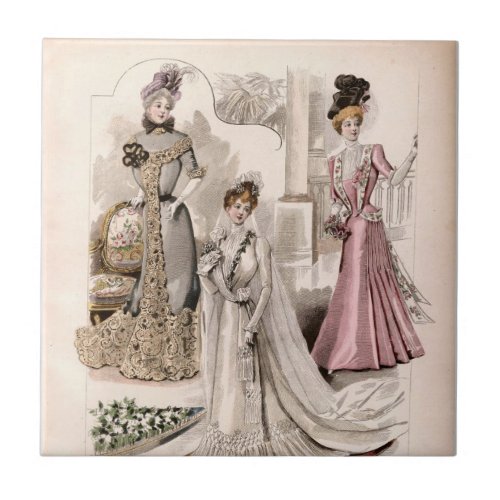 3 Edwardian Ladies Flowing Gowns Vintage Fashion  Ceramic Tile