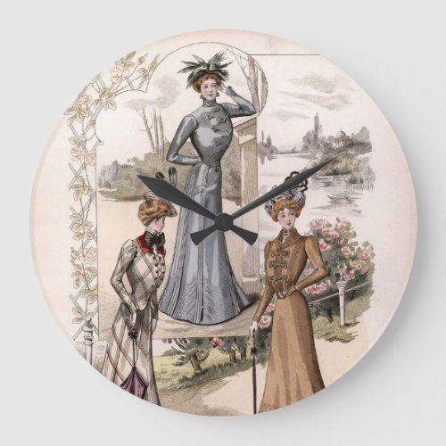 3 Edwardian Ladies In Park Vintage Fashion  Large Clock