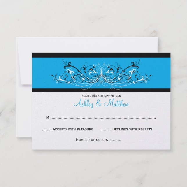 #3 Elegant Blue Black White Scrolls RSVP (Front)