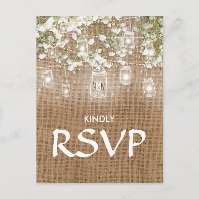 3 Entree Choice RSVP Baby's Breath Rustic Burlap Invitation Postcard (Front)