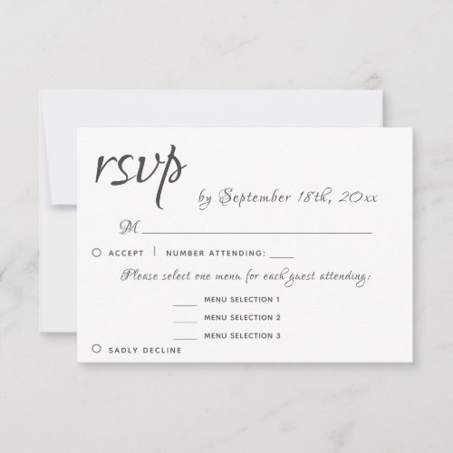 3 Entree Menu Choices Elegant RSVP Wedding Reply - Elegant 3 entree menu choices elegant RSVP wedding reply. Personalizable elegant RSVP card with a menu choice perfect for a modern and elegant wedding. The design is in dark grey and beige colors. The text is in a modern script. This wedding response card asks your guests what meal they would like at your reception and the number of menus. Change the information on the card to fit your need.