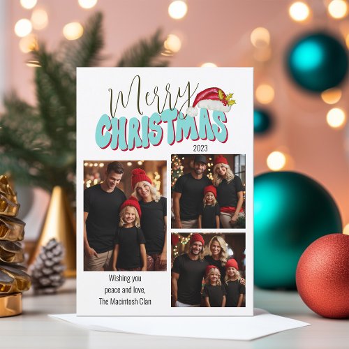 3 Family Photo Collage Retro Font Merry Christmas Holiday Card