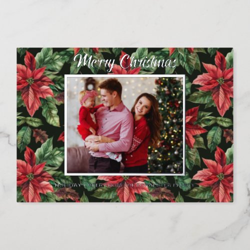 3 Family Photo in  watercolor Poinsettia flower Foil Holiday Card